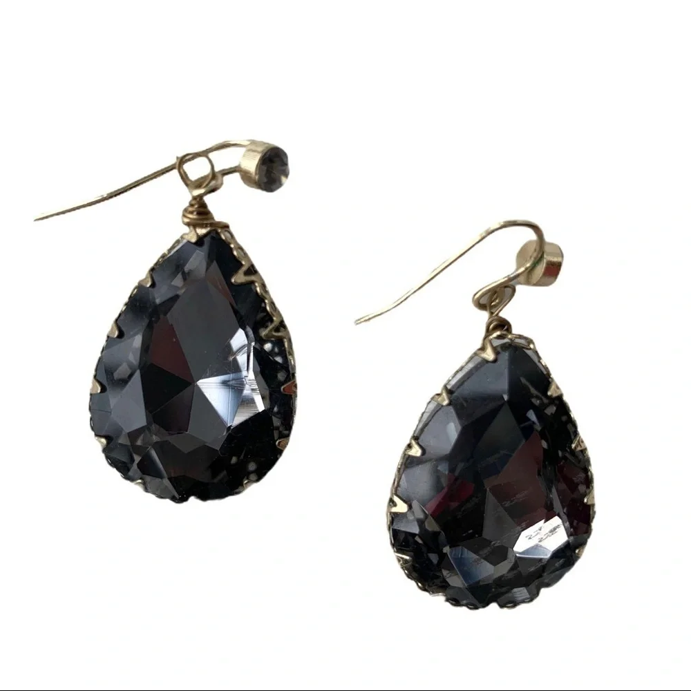 Boutique Black Faceted Teardrop Statement Earrings Gold Tone Faux Crystal Dangle